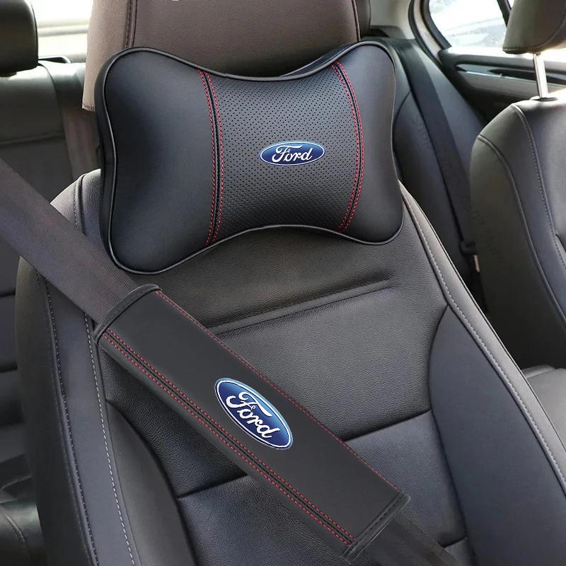 AACK1 Car PU Leather Seat Headrest Neck Pillow Seat Belt Shoulder Pads For Ford Fiesta C-Max Kuga Ranger Raptor KA Fusion ST Transit