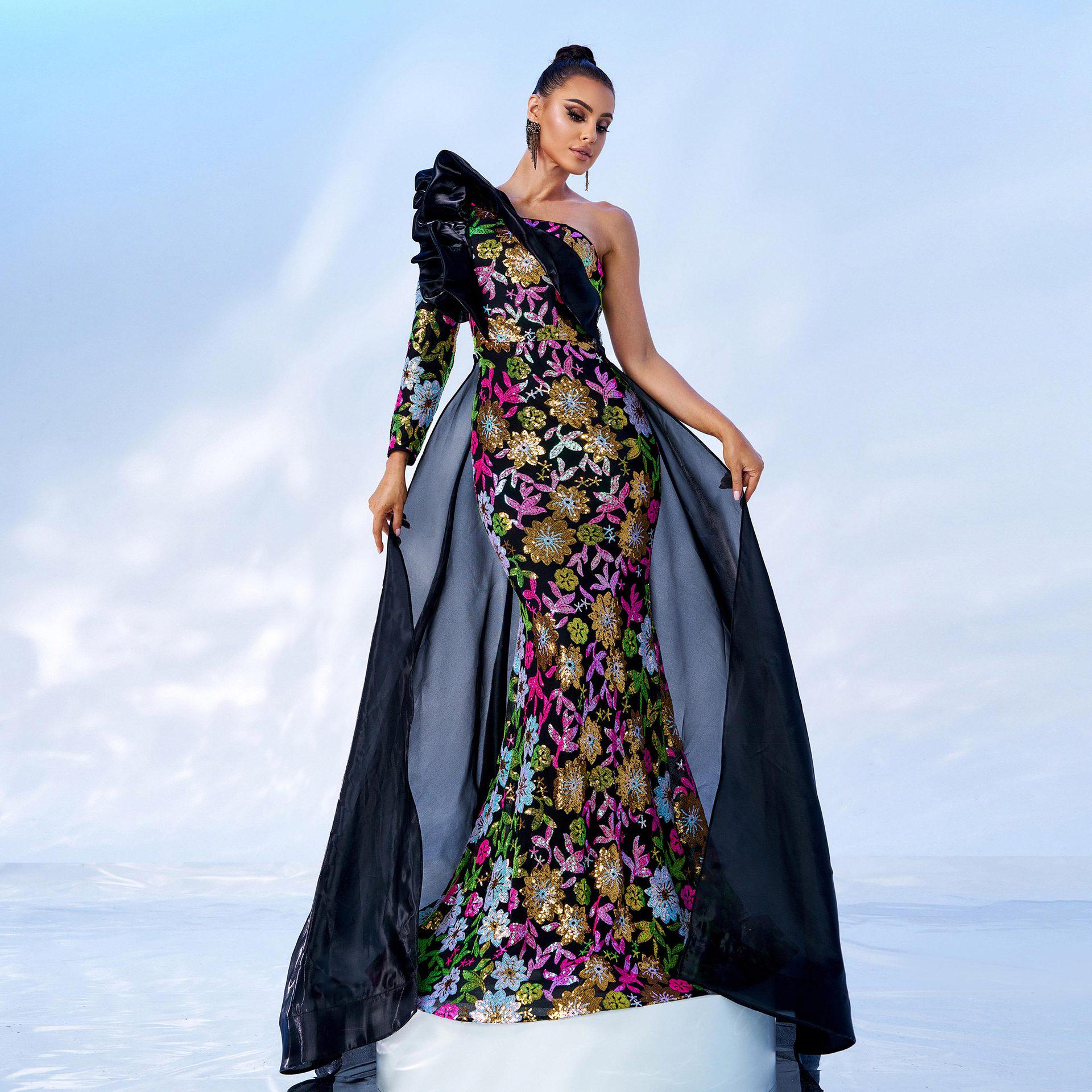 

Европейское и американское женское асимметричное вечернее платье с пайетками и юбкой «рыбий хвост» - Сексуальное платье подружки невесты с длинным рукавом Small чёрный