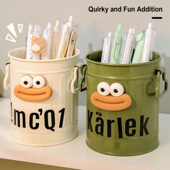 Cartoon Pen Holder Retro Bucket Shape Desk Organizer Large Capacity Storage Holder for Pens Pencils Makeup Brushes