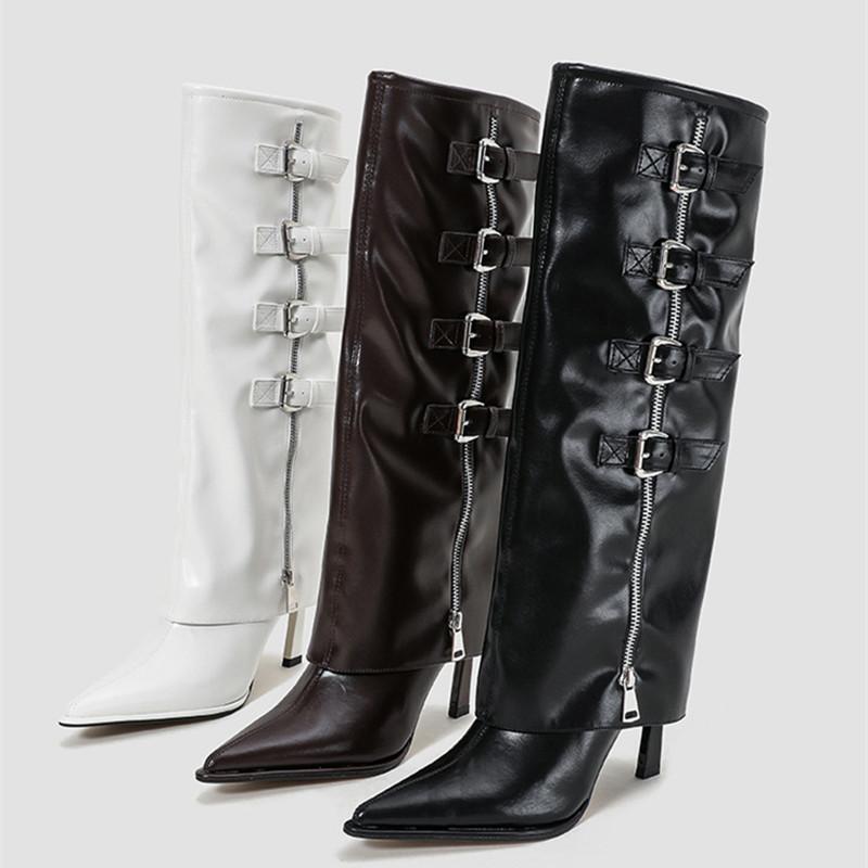 Fashion Runway style Fashion Patent Leather Belt Metal Buckle Women Motorcycle Knee-High Boots Autumn Winter High Heels Long Boots Shoes