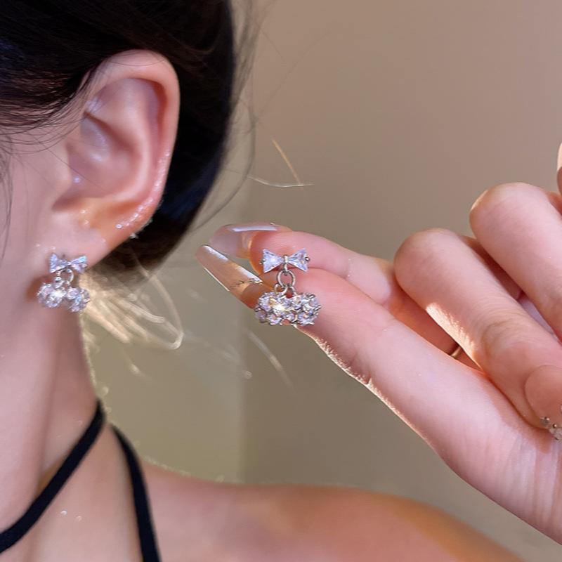 Micro-inlaid Zircon Bow Stud Earrings Women's Earrings Ball Pendant Ears
