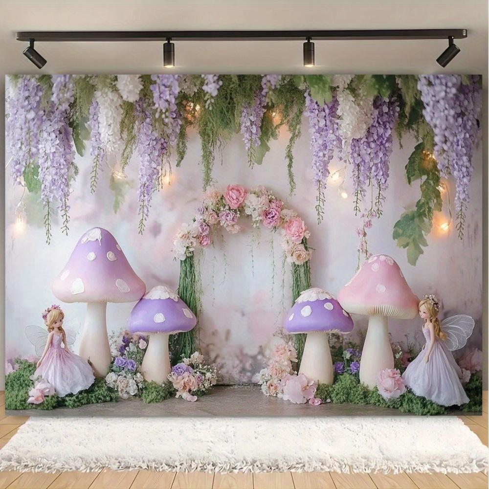 1 fantasy fairy photography background with purple mushrooms, charming forest atmosphere, and whimsical party decorationsL 100x150cm