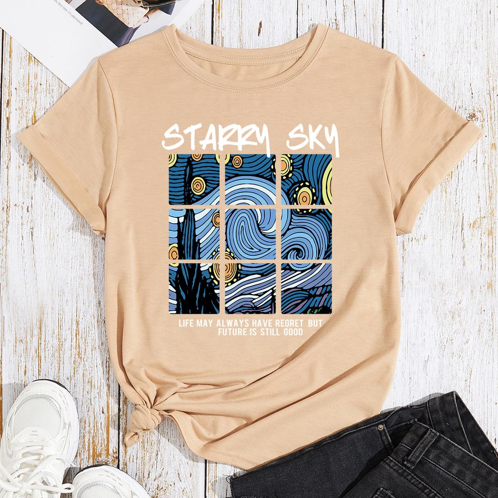 Bawełniany T-shirt Krótki Rękaw Okrągły Dekolt Damski Nadruk 2D Top