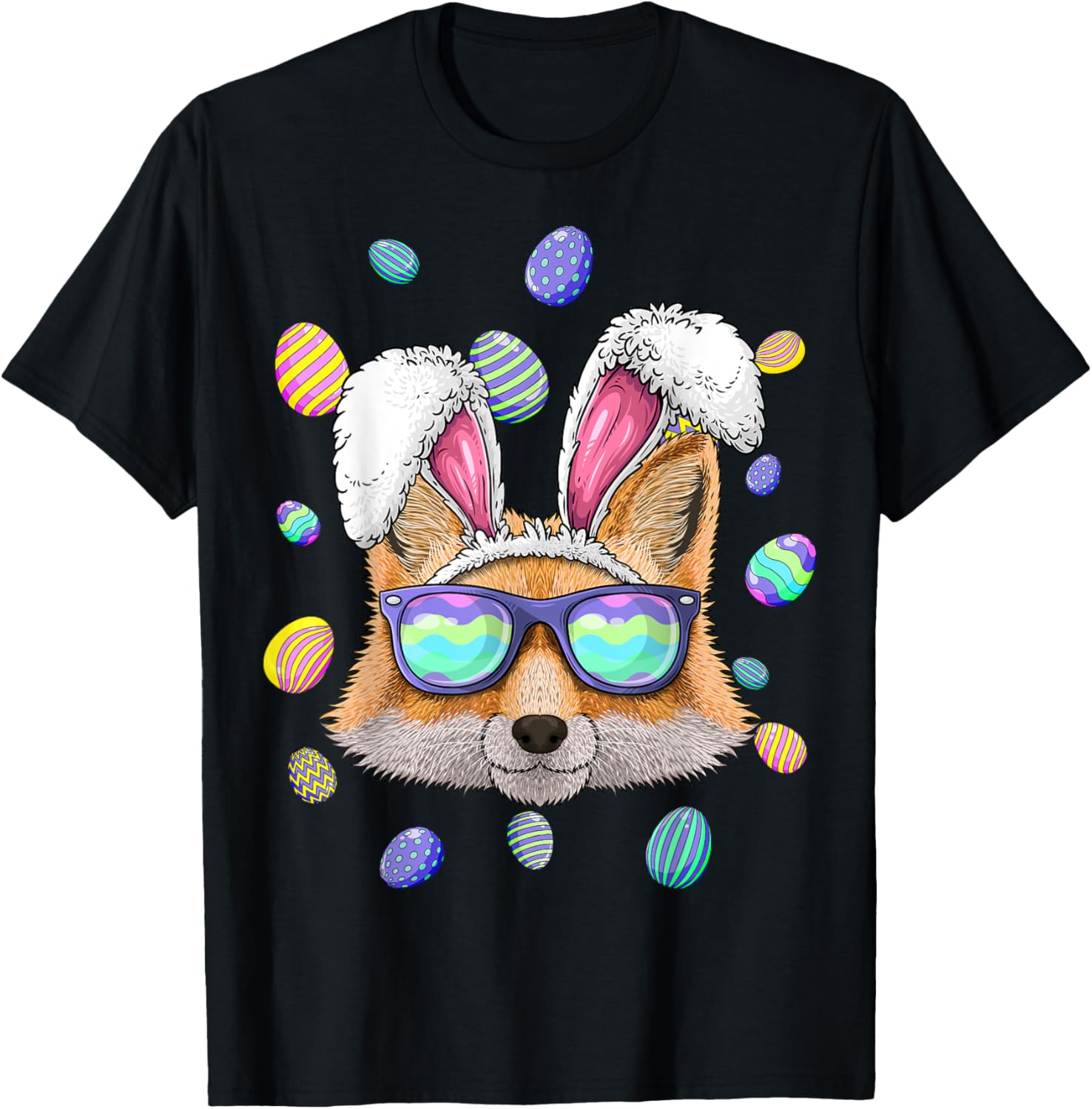 Funny Fox Easter Bunny Ears Sunglasses Graphic Tee Men Casual Cotton T-Shirt 4XL