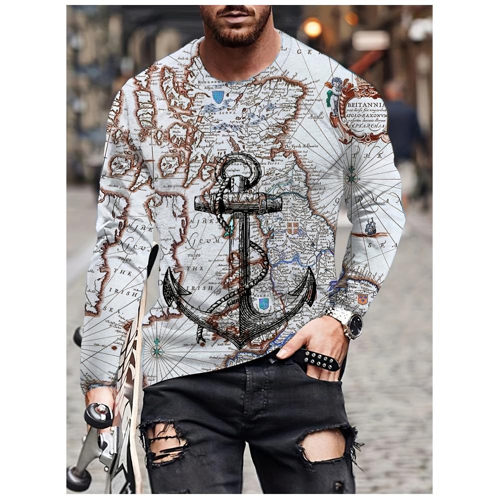 Camiseta de Manga Larga con Estampado 3D de Ancla y Brújula, Top de Primavera y Otoño para Hombre, Retro Street, Oversized, Cuello Redondo