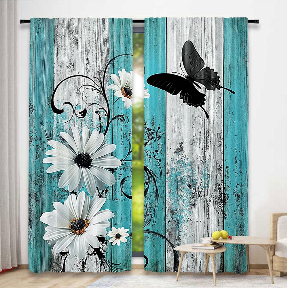 Set Of 2 Teal Turquoise Curtain Aqua Floral Blue White Curtains Decor Home Bedroom Apartment Living Room Window Polyester Perfect For