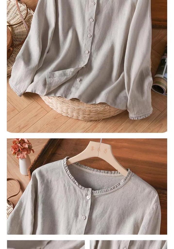 Autumn 2025 Cotton Linen Ruffle Trim Retro Long Sleeve Blouse