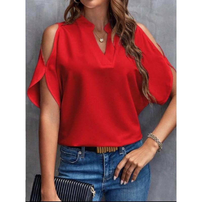 QICED Women's Fashion Casual Short Sleeve V-Neck  Blouses & Shirts
