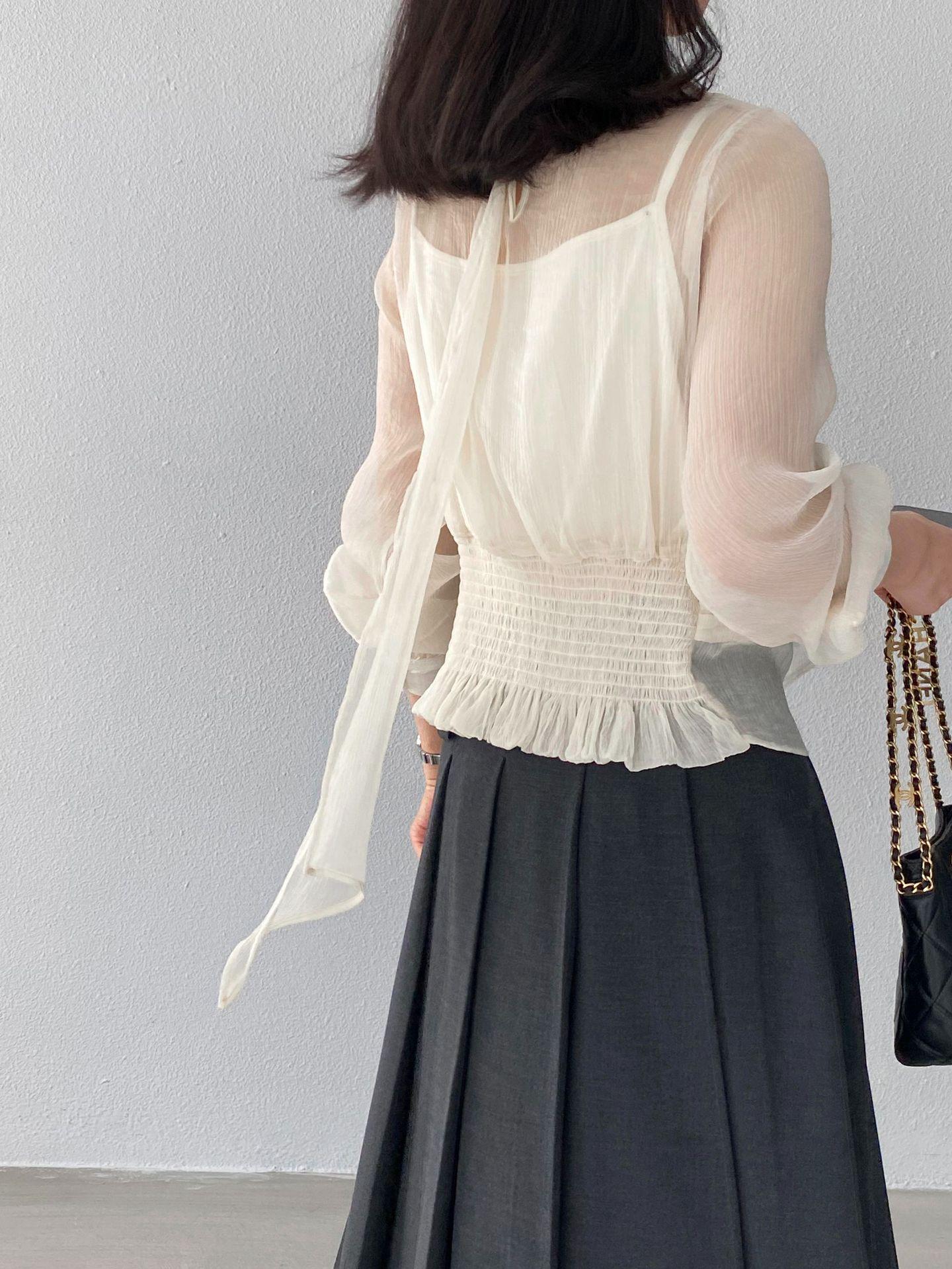 

Jiangzuo Women s Misty Moonlight Organza Ribbon Shirt – Early Spring Two-Piece Top Medium