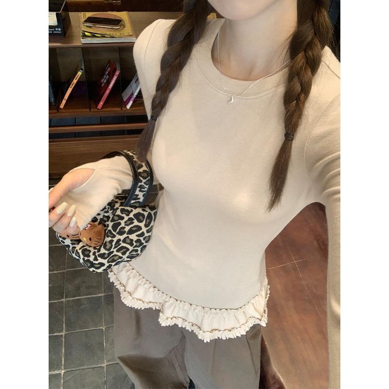 Designed Double-layered Round-neck Long-sleeved Bottoming Shirt with Earrings for Women In Autumn and Winter with T-shirt Slim Fit and Beautiful Top