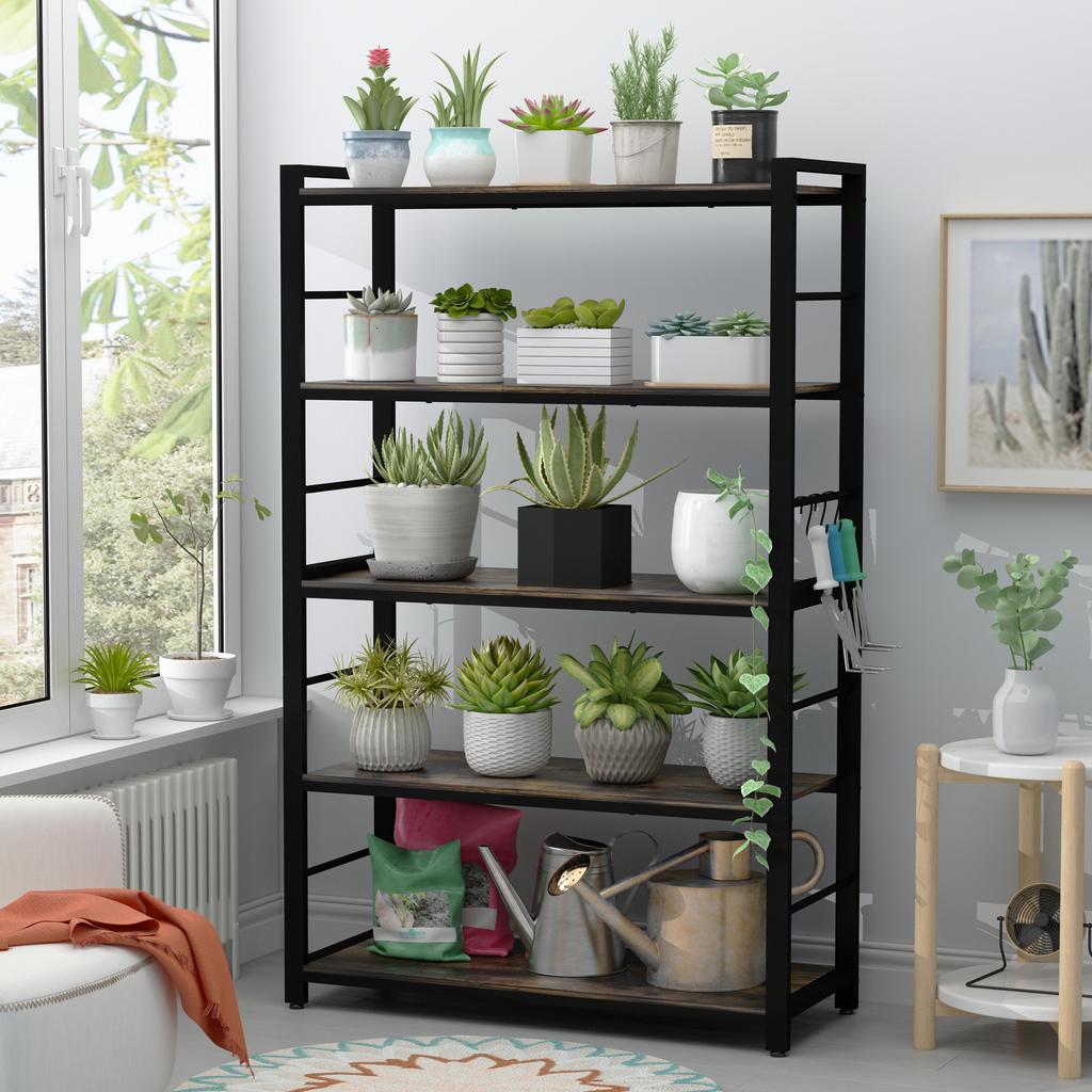 NAIYUFA Bakers Rack,Microwave Oven Stand 5 Tier Utility Storage Shelf with Hooks,Multifunctional Wood Shelf for Kitchen,Bathroom,Livingroom,Storehouse