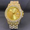 Bling Bling Men Hip Hop Watch Golden Full Diamond Strap Date Window Quartz Analog Wristwatch Daily Party Gift For Male