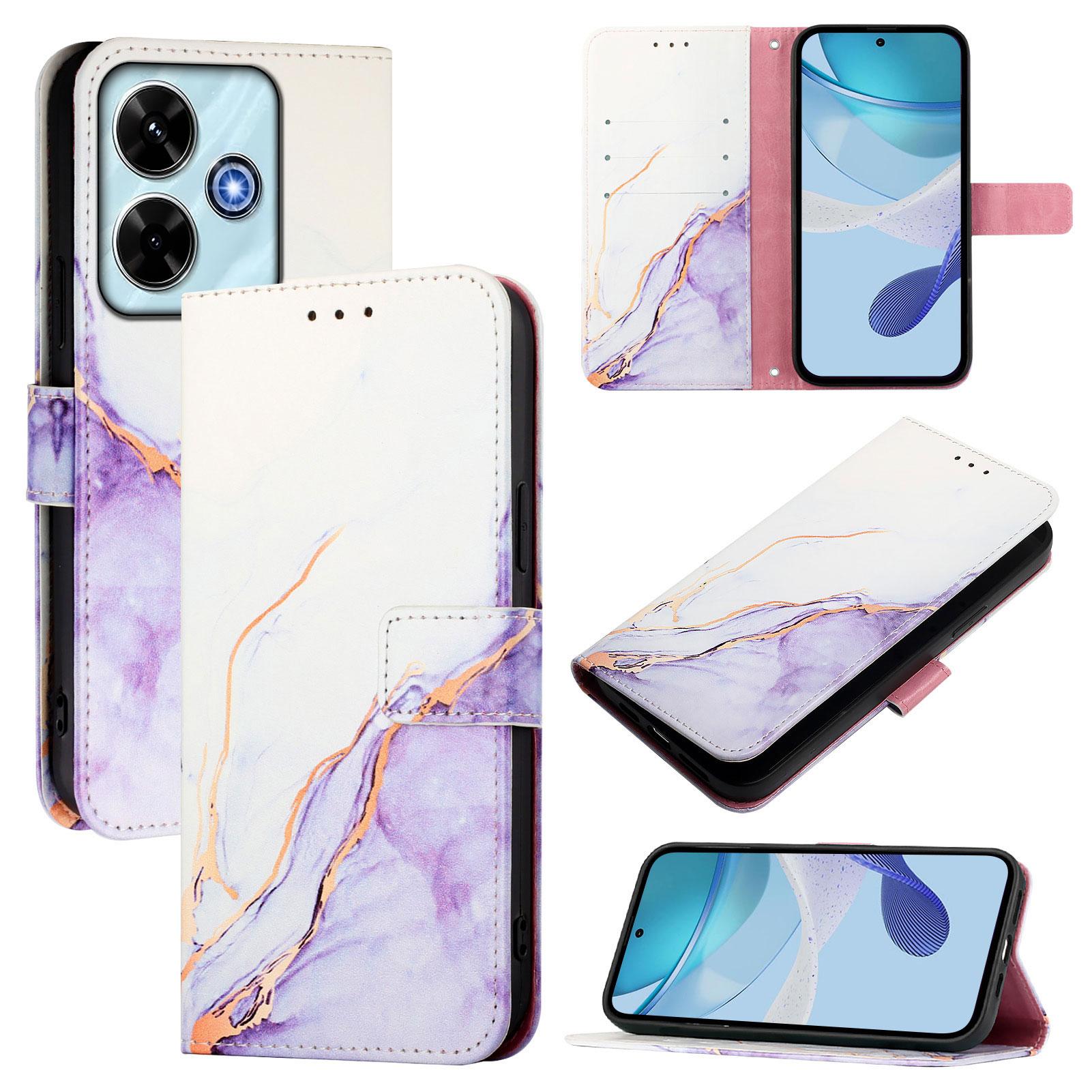 

For Xiaomi Redmi Note 13R 5G/Xiaomi Redmi 13x 4G Case with Strap Marble Pattern Leather Phone Cover Card Holder White/Purple LS006