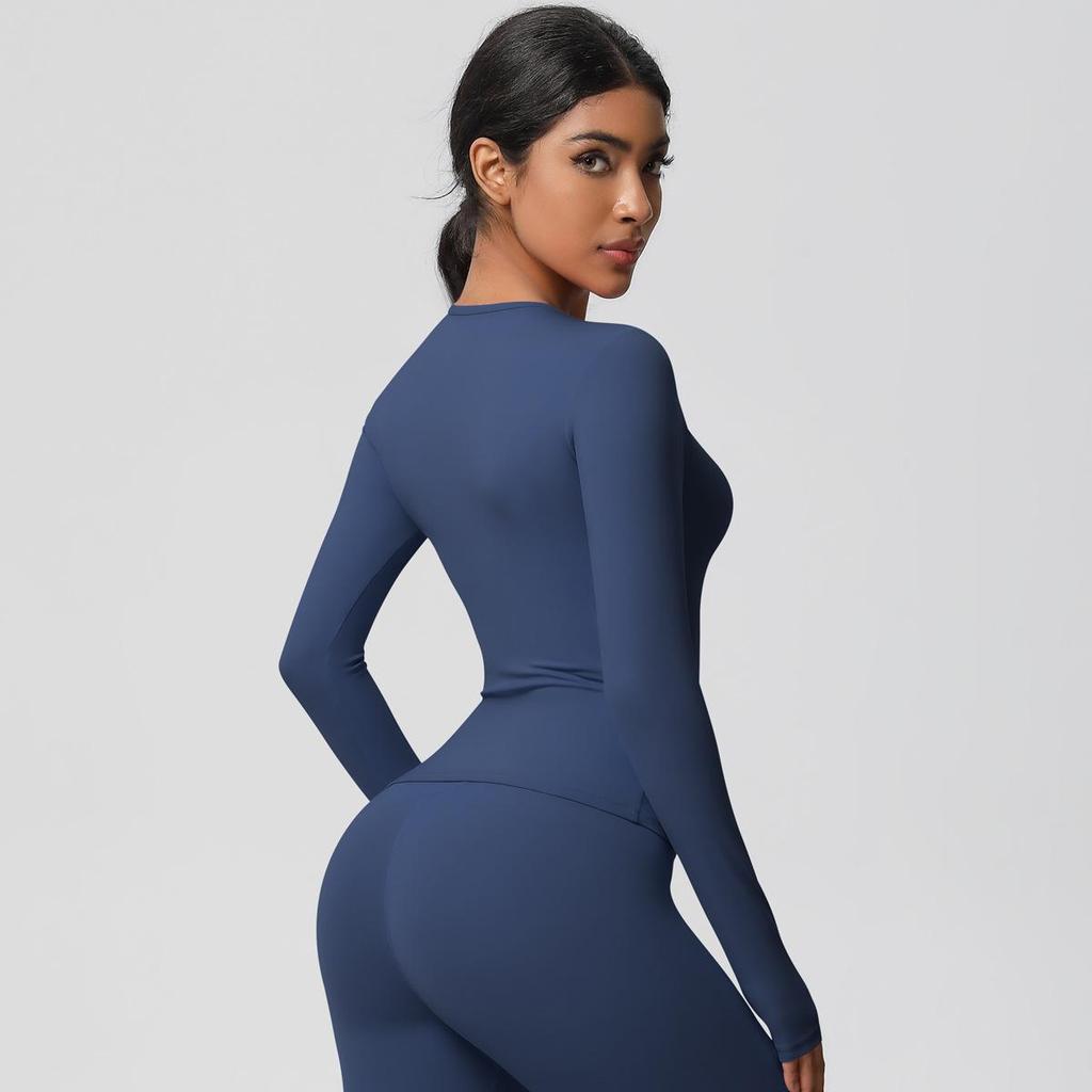 European-American Slim Fit Long Sleeve Yoga Top - Nude, Brushed Feel, Round Neck, High-Intensity Running & Fitness Wear