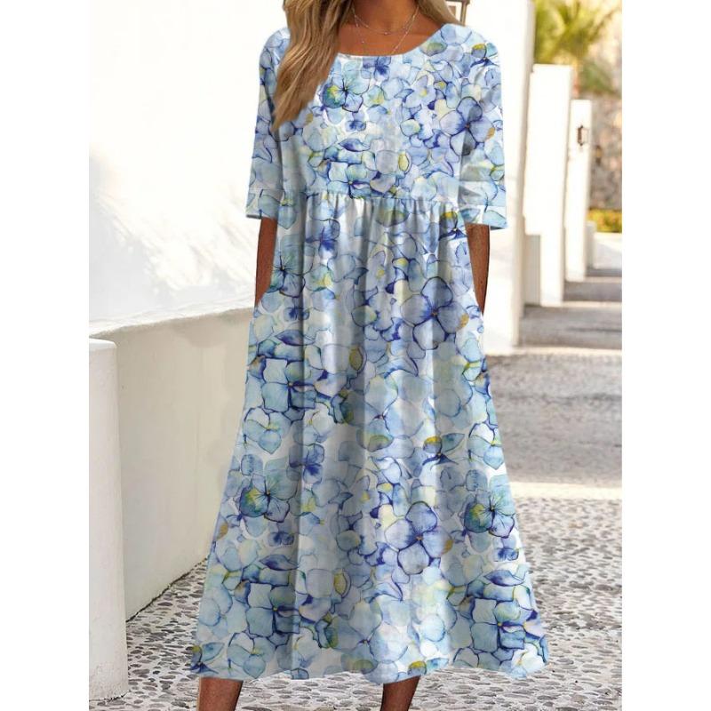 Casual O Neck Pockets Printed Loose Dresses for Women Plus Size Summer New Short Sleeve Women's Dress Fashion Elegant Vintage Floral Long Dress 3364