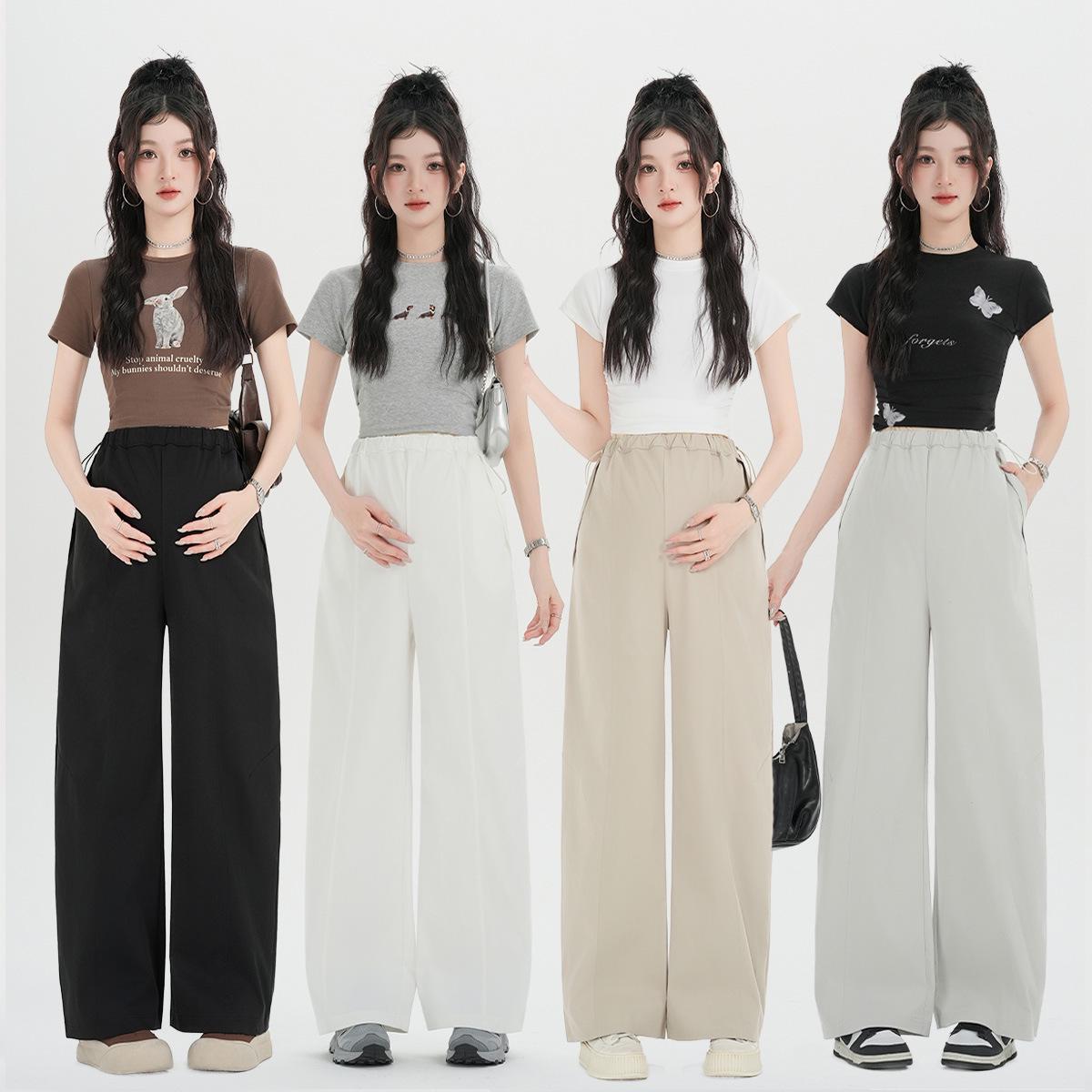 Spring 2026 Loose Fit Maternity Wide-Leg Pants with Drawstring - Belly Slimming and Relaxed Fit L