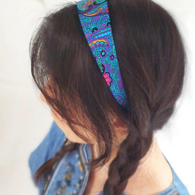 RACOHA Chunky silk hairband_blue paisley pattern