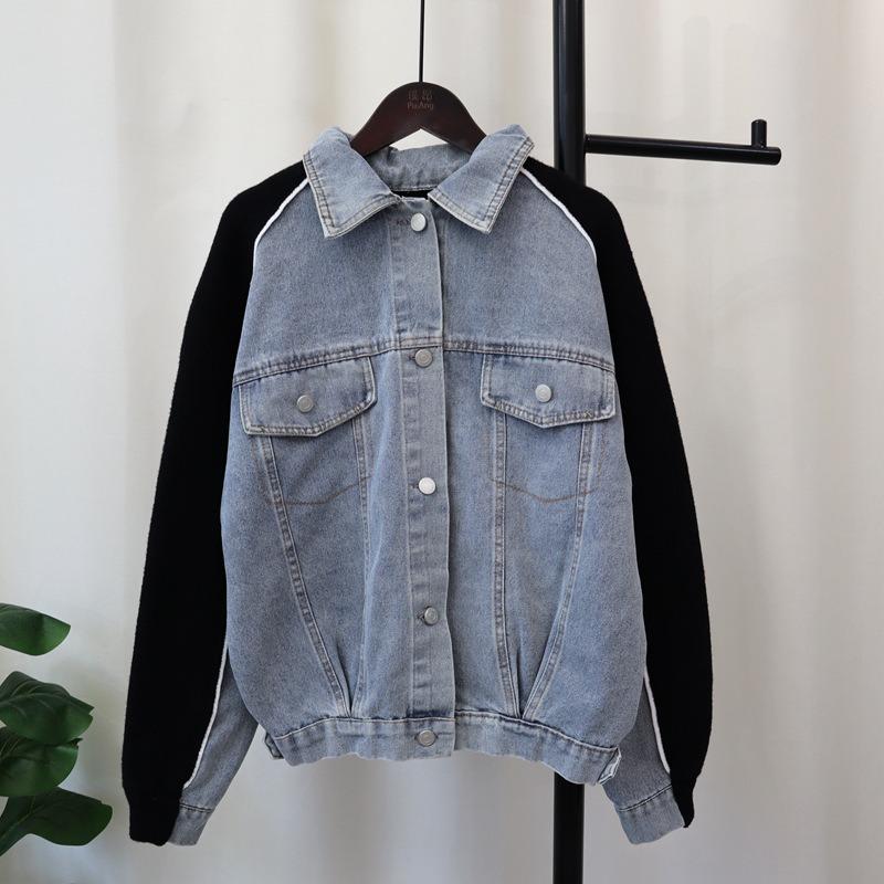 Autumn and winter new design sense splicing denim knitted double-sided cardigan loose and thin sweater jacket women
