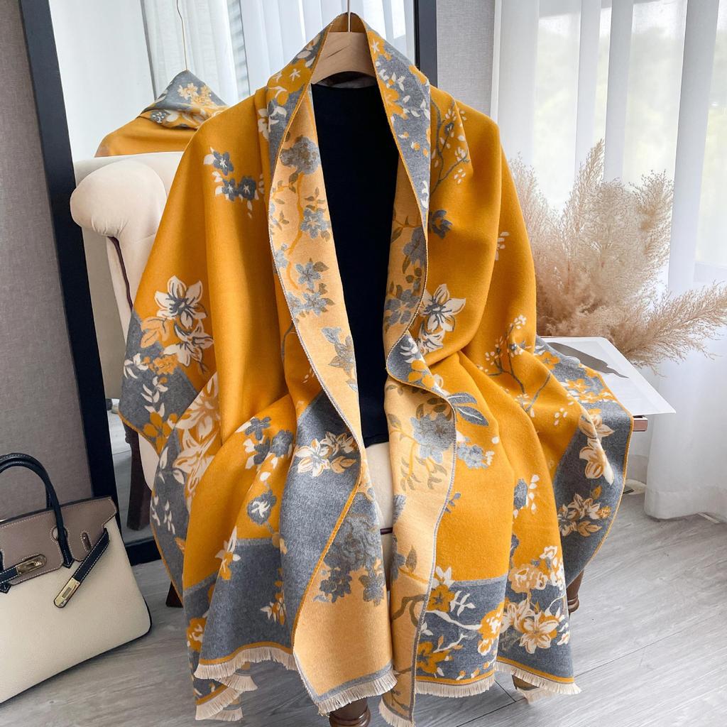 Szalik Damski Imitacja Kaszmiru, Szal Dwustronny w Kwiaty w Stylu Retro Chińskim, Gruby i Ciepły