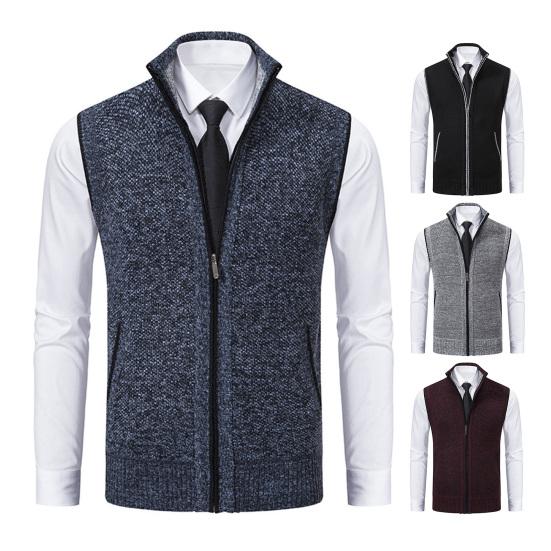 Muži podzimní zima vesta kabát stojáček límec pletený svetr na zip ochrana šíje bez rukávů slim střih teplý ležérní měkká pánská bunda střední délky