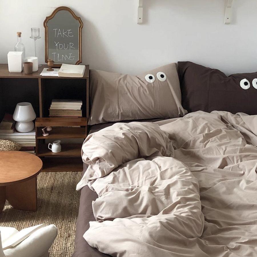 Ins  Big Eyes Cowboy Blue Solid Color Beding Set  Duvet Cover Bed Sheet Simple Dormitory Queen King Size