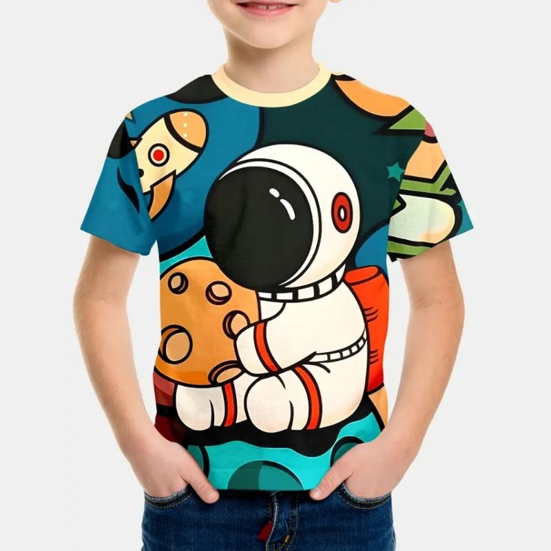 2025 Kids Clothes Summer Cartoon Astronaut Round Neck Short Sleeve Graphic T Shirts Fun Children's Clothing T-Shirt for A Boy