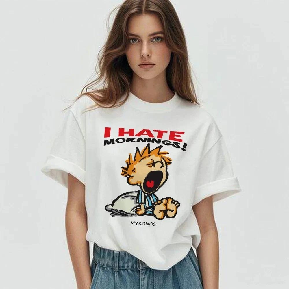 I Hate Mornings Shirt Funny Cartoon T-Shirt Harajuku Retro Graphic Tee Mykonos S