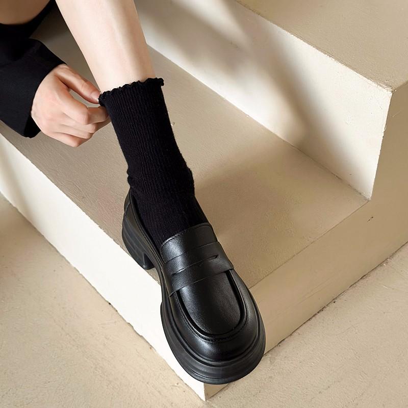 Kerek orrú platformos egysoros cipő női fekete főiskolai stílusú kis bőr cipő sokoldalú brit mokaszin jk egyenruha cipő