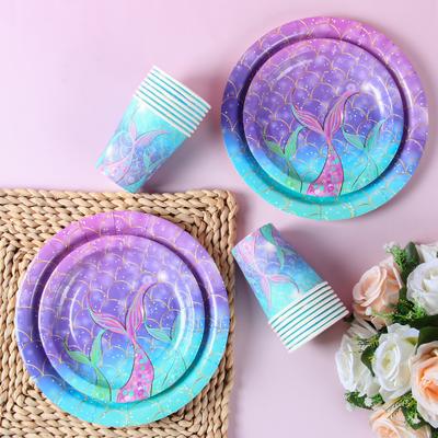 Meerjungfrau Einweggeschirr Set Pappteller Becher Arielle Geburtstagsparty Dekorationen Mädchen Babyparty Partyzubehör