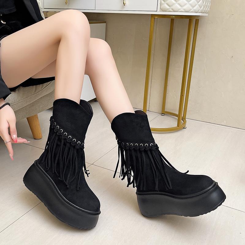 Fashion Tassel Boots Autumn New Round Toe Sleeve Platform Anti-Slip Wear-Resistant Short Shoe