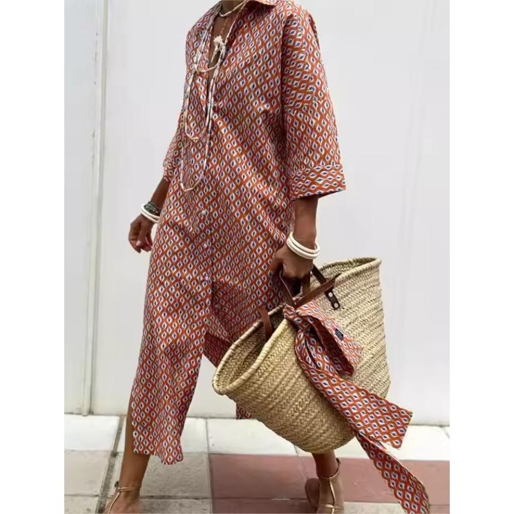 

Осіннє плаття-сорочка з довгим рукавом Елегантний пояс Довге плаття для жінок 2025 Модний принт Ґудзики Лацканний комір Повсякденні сукні Плаття для жінок XL червоний