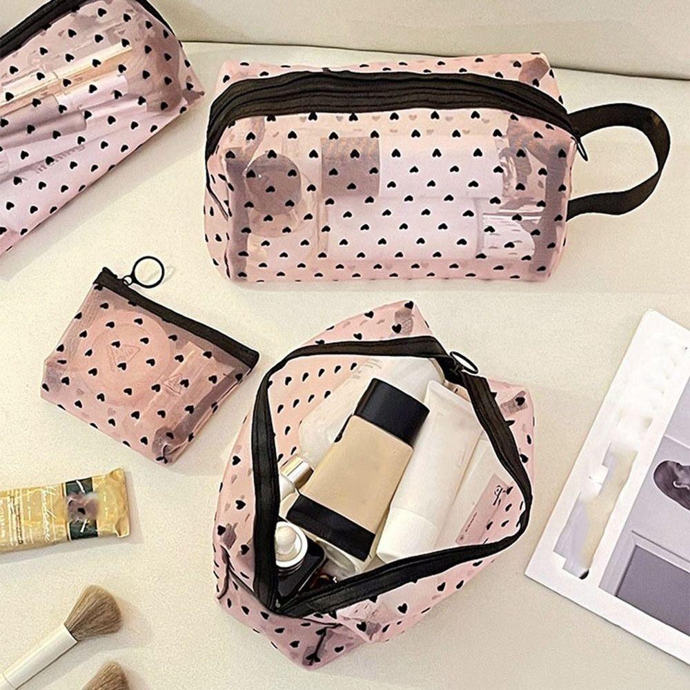 Black/Pink Mesh Makeup Bag Multifunction Ladies Toiletry Storage Bag Lipstick Organizer Bags