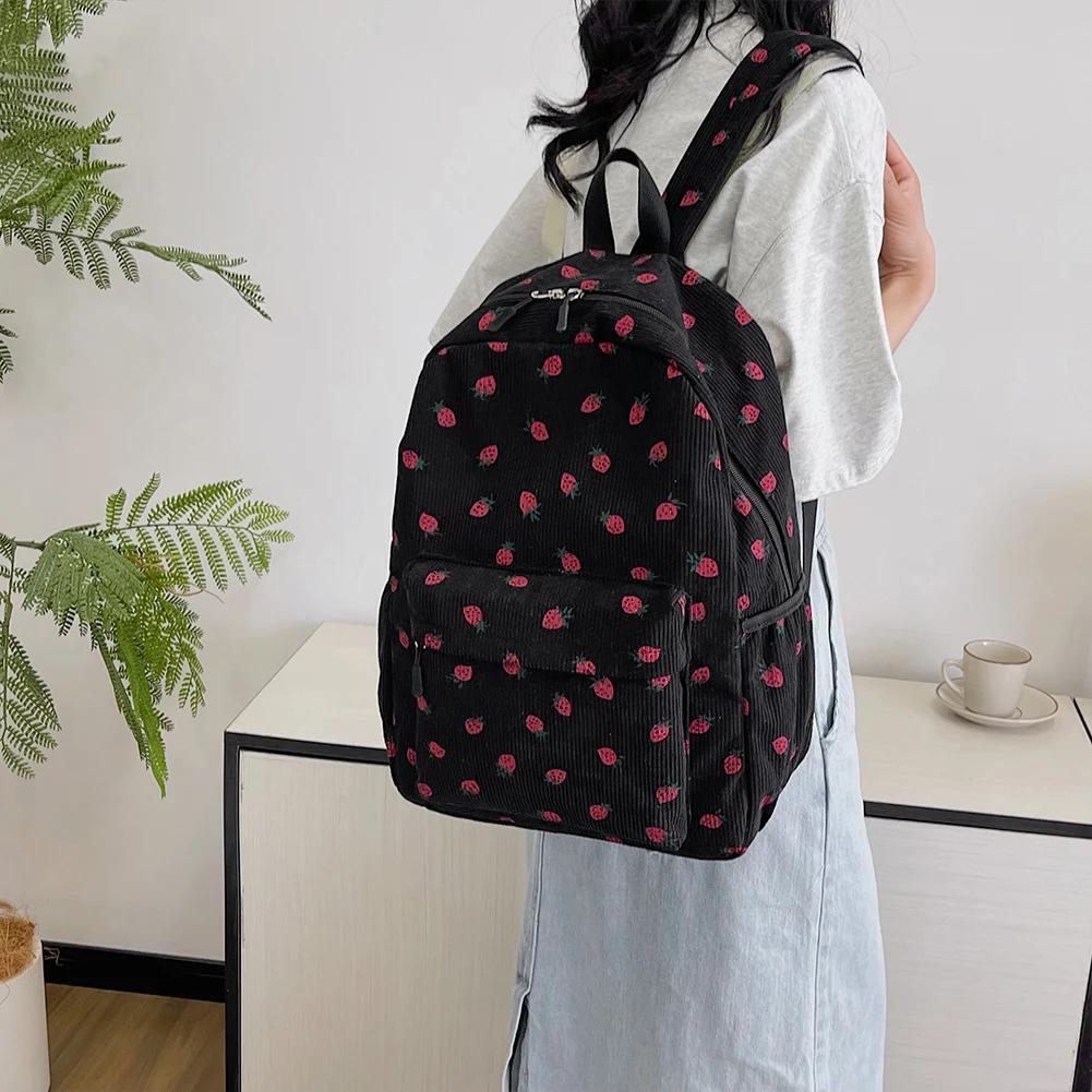 

Corduroy Strawberry Backpack Casual Travel Backpack Multi-pockets Fashion Teenagers Daypack Adjustable Strap for Women Girls чёрный