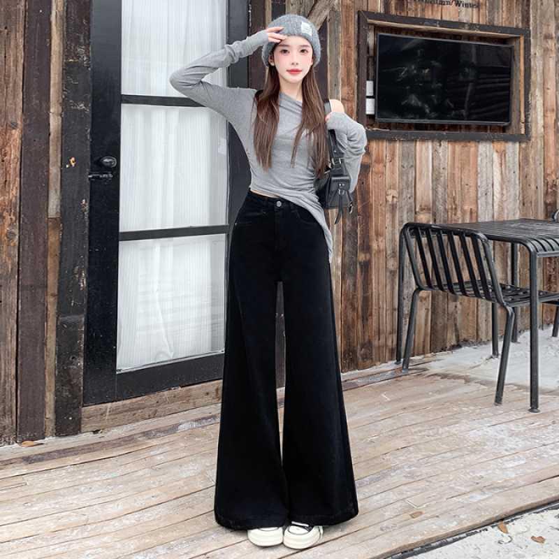 Women s Dark Blue Velvet Wide-Leg Jeans—Autumn/Winter High-Waist Loose Retro Pants S