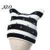 Casual Outdoor Knitted Cap Cat Ear Hat for Women Girls, Striped Slouchy Crochet Headgear Fashionable Daily Wear with Shiny Rhinestones, Cute