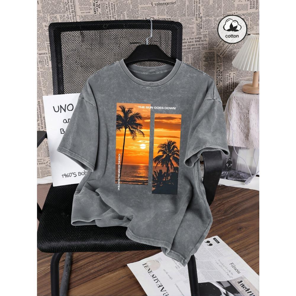 Beautiful Coconut Tree Beach Scenery Print Women Washed T Shirt Cotton T-Shirts Vintage Loose Short Sleeves Sportswear