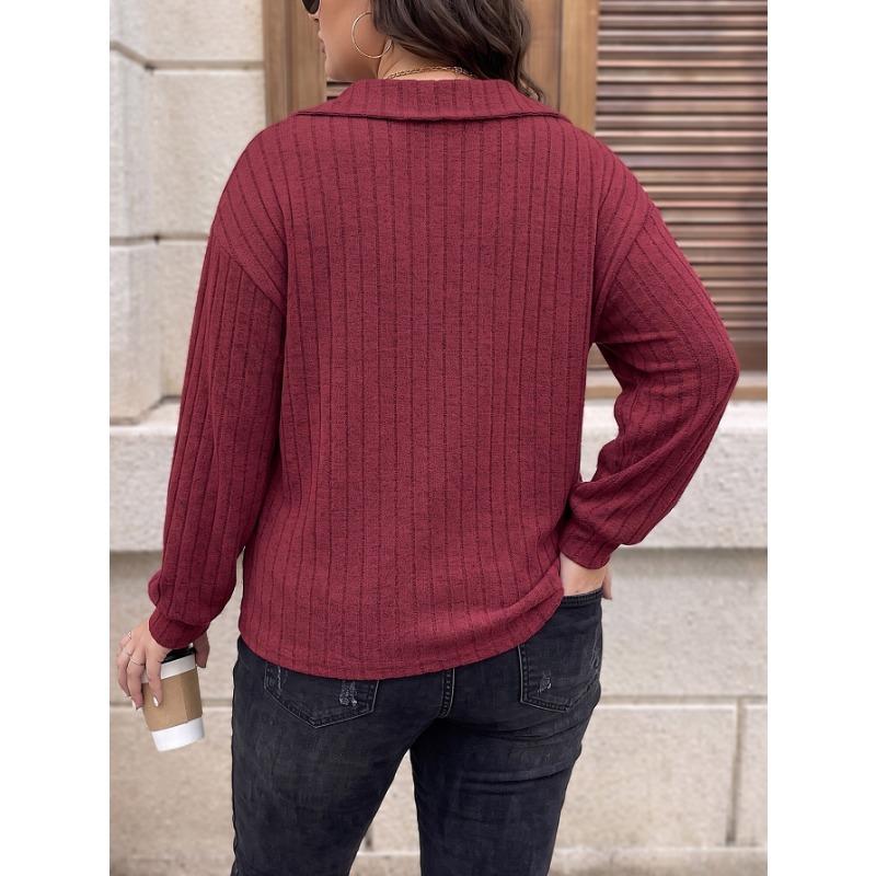 Plus Size Women S Long Sleeve Knit Turn Down Collar Striped Casual Basic Top