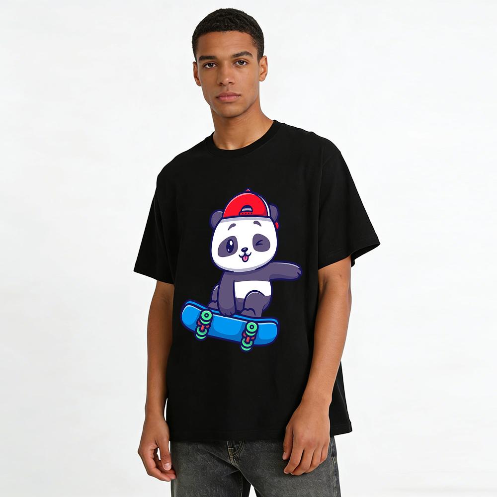Cute Panda Skateboard Print Kids T-Shirt Unisex Casual Cotton Top Pure cotton T-shirt