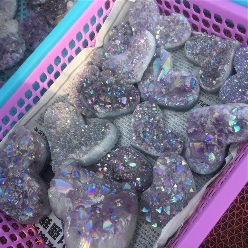 1pcs Amethyst Geode Heart Shaped Crystal Healing Crystals Stones Titanium Rainbow Aura Amethyst Cluster Angel Aura Quartz
