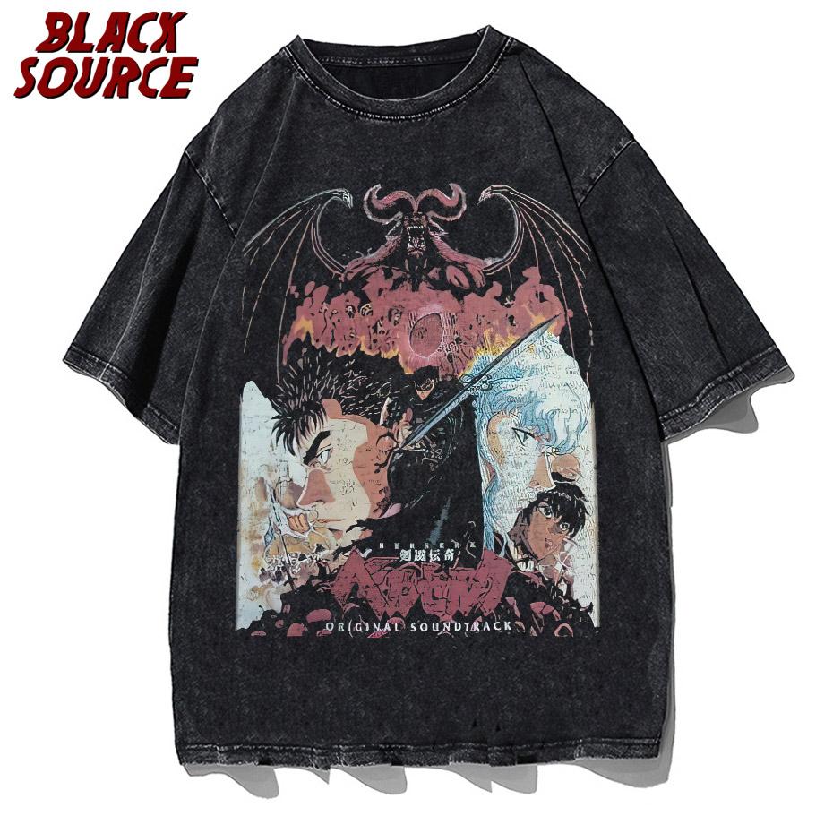 Black Source ANIME MANGA VINTAGE WASH UNISEX TSHIRT Octopus Men Harajuku TShirt Japanese Style