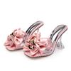 Women Transparent High Heeled Sandals Square Toe Crystal Bowknot Elegant Party Pumps Slides