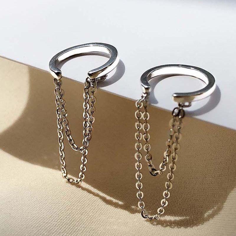 Stud Geometric Ear Clip Without Piercing Female Personality Simple Design Feel Retro Hong Kong Flavor Fringe Chain Ear Bone Clip
