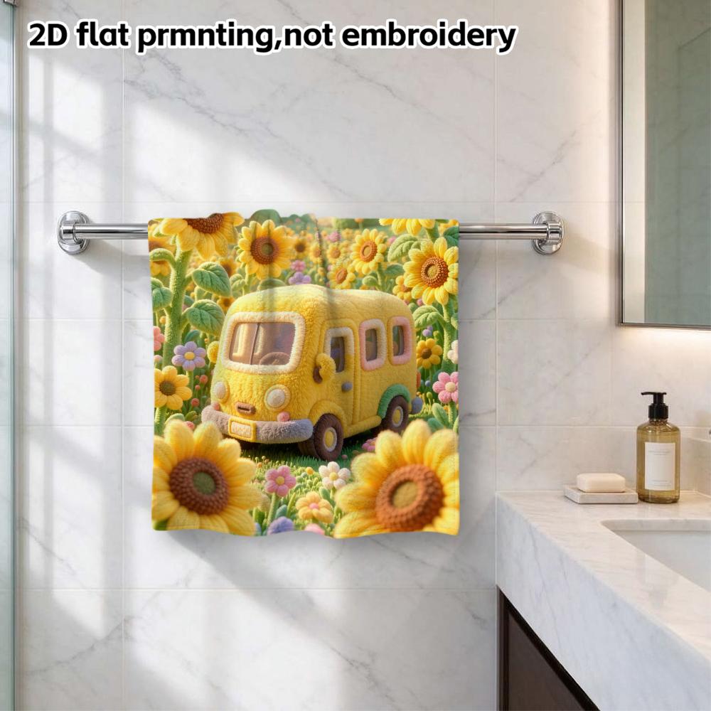 Felt Sunflower Van Towel, Quick Dry Absorbent Towel, Wool Texture Cute Print, Soft Face And Bath Towel