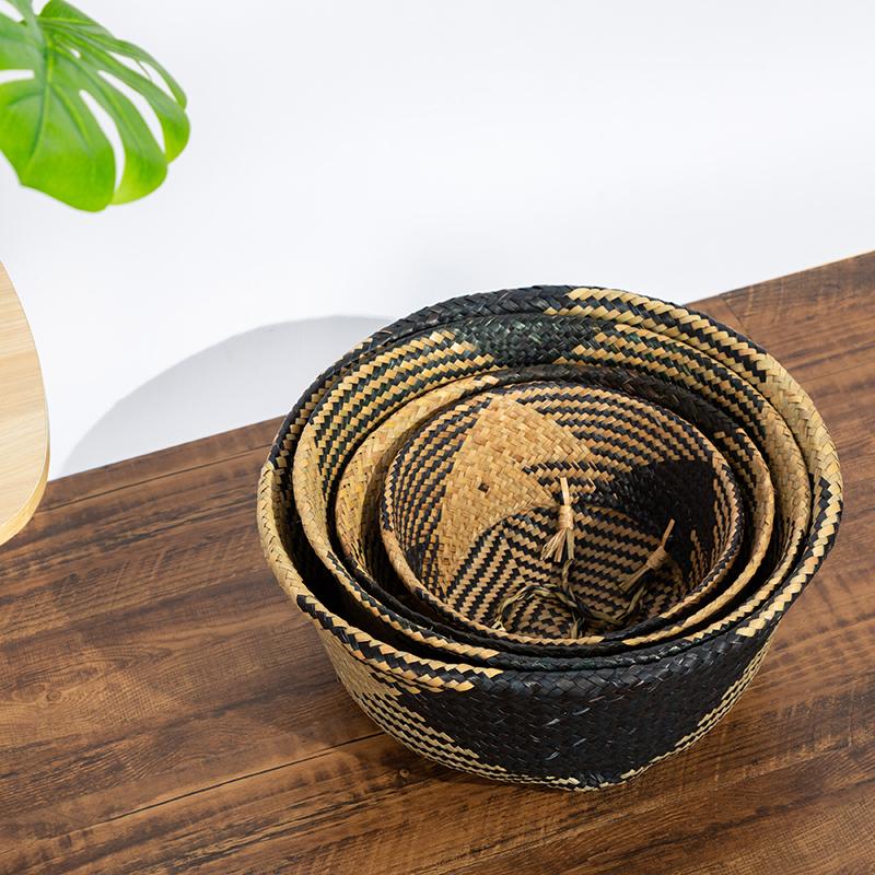Handmade Straw Storage Baskets Rattan Flower Pot Belly Basket with Handles Folding Clothes Laundry Storage Container