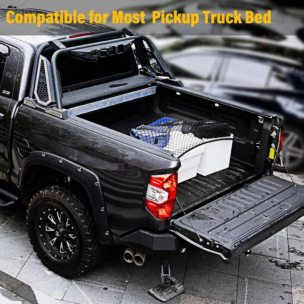 Cargo Net For Pickup Truck Bed, Trucks Cargo Net Mesh Organizer, 4'X4' Stretch To 7'X7' Highly Elastic Truck Bed Net For Camping, Trip Luggage,