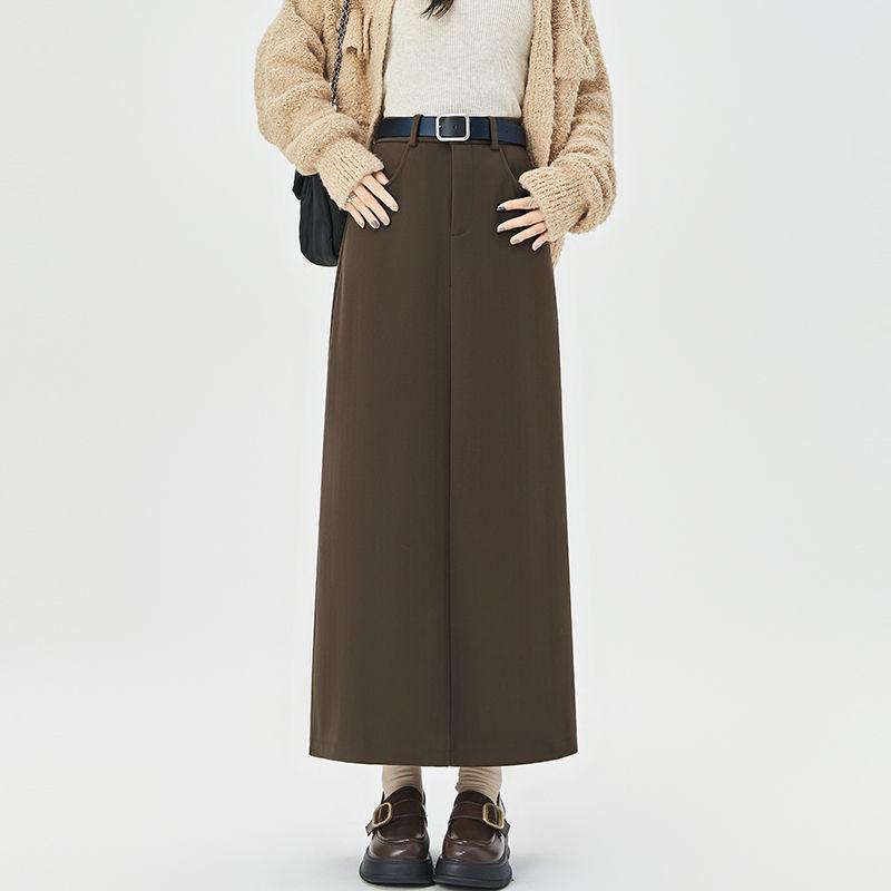 Women's High-Waist Woolen Midi Skirt - Slimming Bodycon with Slit for Autumn/Winter