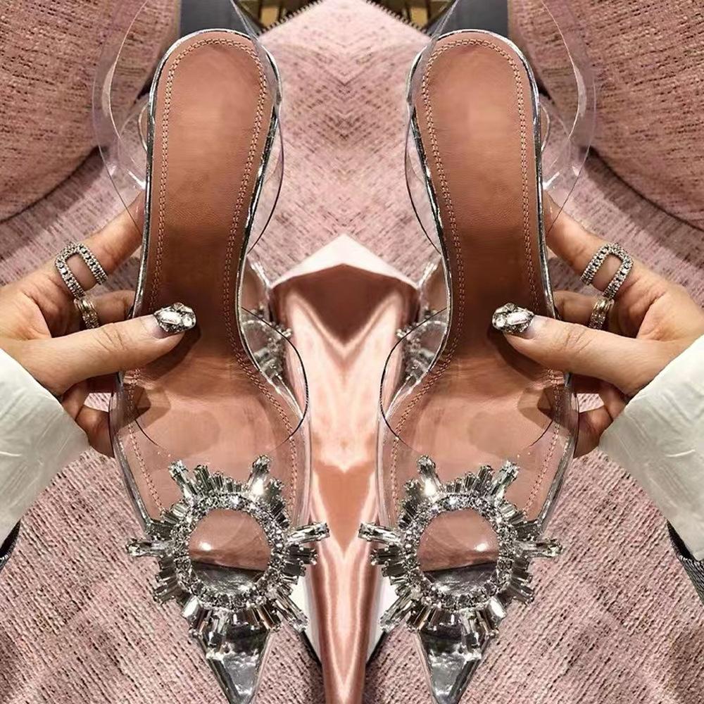 French crystal high heels women's spring rhinestone sun buckle pointed bag head transparent stiletto sandals