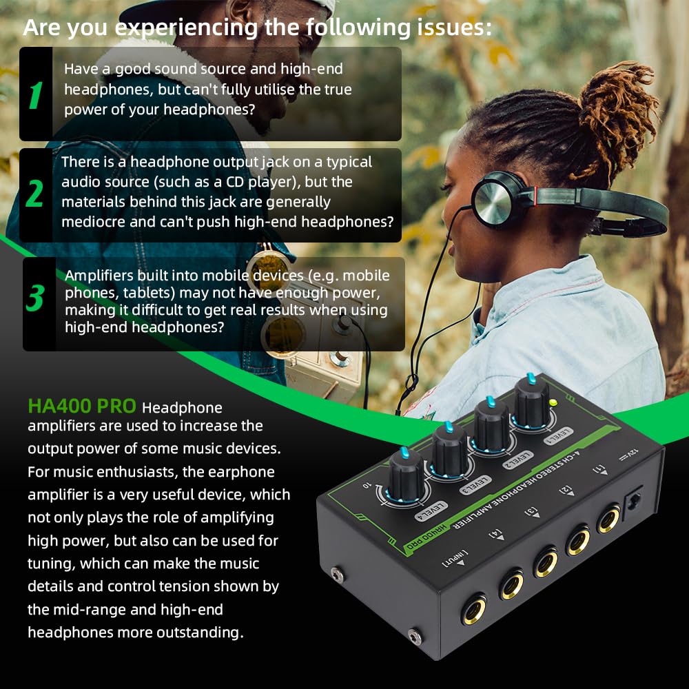 Amplificator pentru căști Btuty, amplificator stereo pentru căști cu 4 canale, mini amplificator audio cu adaptor de alimentare, interfață DC 12V, amplificator portabil pentru căști