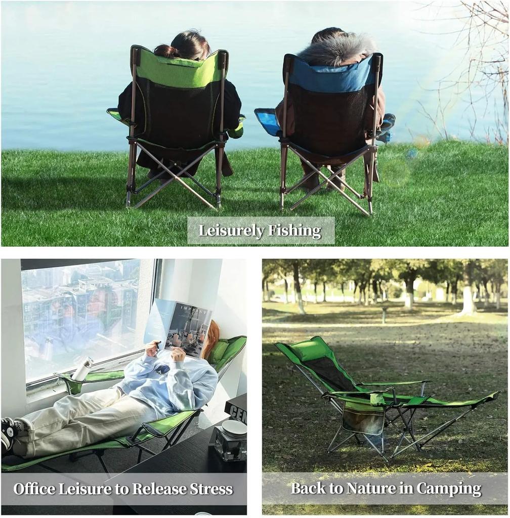 Camping Lounge Chair, Portable Reclining Camping Chair, Folding Camping Chair with Footrest,Headrest & Storage Bag