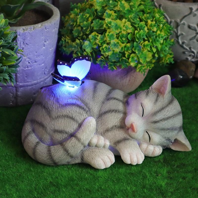 Garden Ornament Cats Solar Light Statue for Backyard Cafe Indoor Outdoor Statue Sculpture LED Cats Figurine Yard Lamp